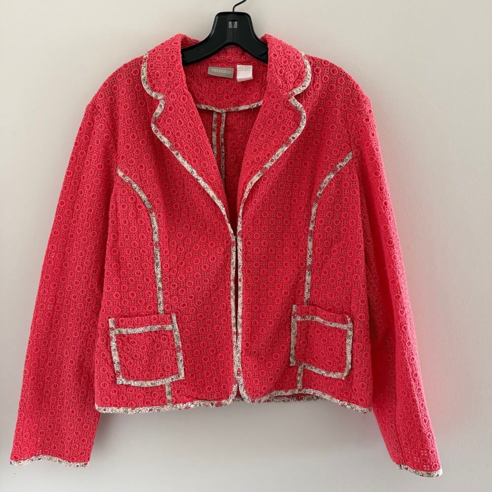Fieldgear Coral Eyelet Cotton Blazer Jacket Floral Trim XL Cottage Boho Travel